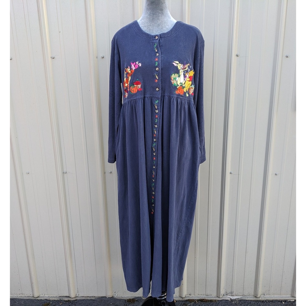 Vintage 90s Disney Winnie The Pooh Dress L Embroidered Fall Pumpkin Button Front